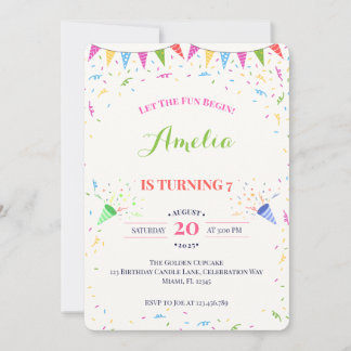 Farbenfrohes Konfetti-Wimpelbanner 7. Geburtstag Einladung
