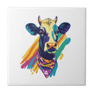 Farbenfrohes Kuh-Png, Regenbogen-Kuh-Design Png Fliese
