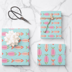 Farbenfrohes Küsten-Sommer-Fisch-Muster Geschenkpapier Set