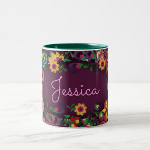 Farbenfrohes, lebendiges Blumenmuster Lila Persona Zweifarbige Tasse