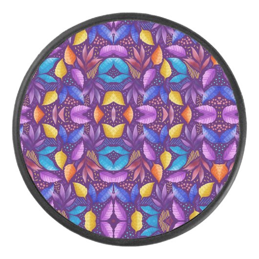 Farbenfrohes Mandala-Design auf violettem Hintergr Eishockey Puck (Vorderseite)