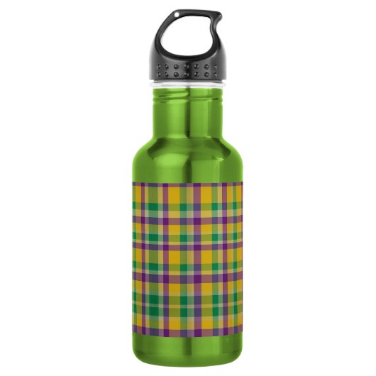Farbenfrohes Mardi Gras Gingham-Muster Edelstahlflasche (Vorderseite)