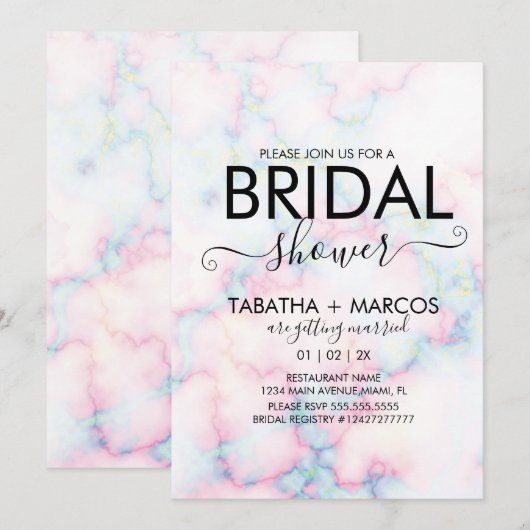 Farbenfrohes Marmormuster-Script BRIDAL Shower Einladung (Vorne/Hinten)