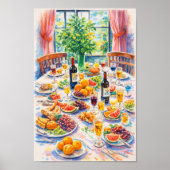 Farbenfrohes mediterranes Stillleben mit Wein Poster (Vorne)