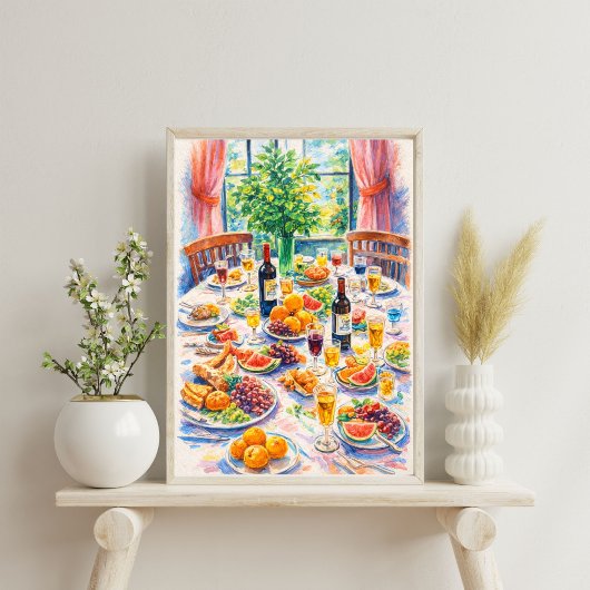 Farbenfrohes mediterranes Stillleben mit Wein Poster