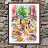 Farbenfrohes mediterranes Stillleben mit Wein Poster