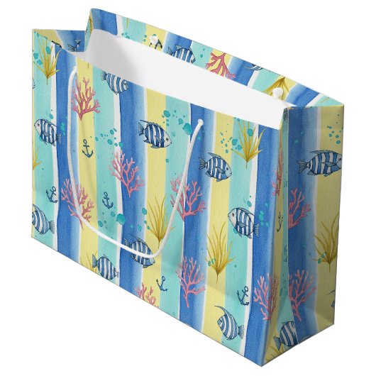 Farbenfrohes Meeresleben-Küstenmuster (10) Große Geschenktüte (Vorderseite Schrägansicht)