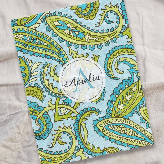 Farbenfrohes Monogramm Paisley Blau Boho Chic Maßa Fleecedecke