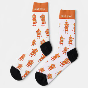 Farbenfrohes Orange-Roboter-Muster und Text Socken