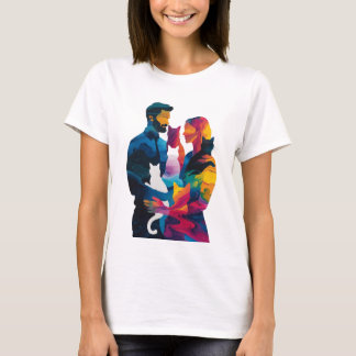 Farbenfrohes Paar und Katzen-Silhouetten-Kunst  T-Shirt
