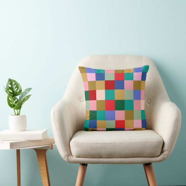 Farbenfrohes Patchwork-Karo-modernes Geometrisches Kissen (Stuhl )