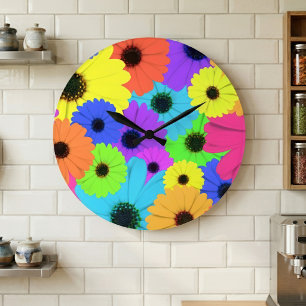 Farbenfrohes psychedelisches Gänseblümchen-Blumenm Große Wanduhr