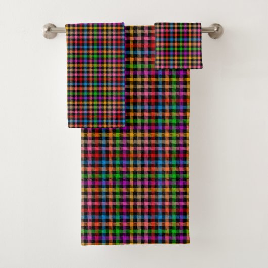 Farbenfrohes Regenbogen-Gingham-Karo-Design - Schw Badhandtuch Set (Insitu)