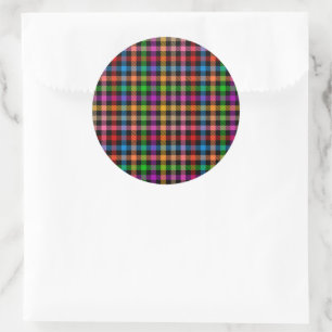 Farbenfrohes Regenbogen-Gingham-Karo-Design - Schw Runder Aufkleber