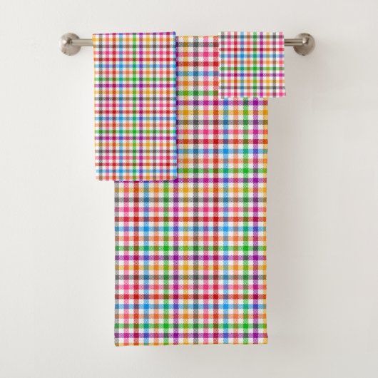 Farbenfrohes Regenbogen-Gingham-Karo-Design - Weiß Badhandtuch Set (Insitu)