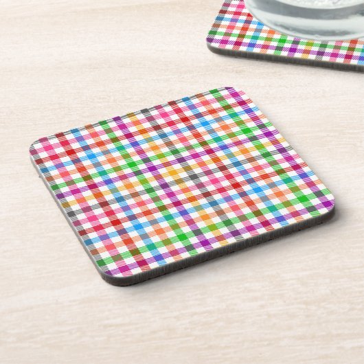 Farbenfrohes Regenbogen-Gingham-Karo-Design - Weiß Getränkeuntersetzer (Linke Seite)