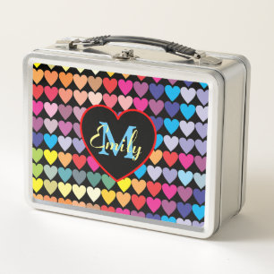 Farbenfrohes Regenbogen-Herzen-Muster Personalisie Metall Brotdose