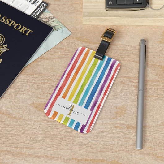 Farbenfrohes Regenbogen-Monogramm-Name Wasserfarbe Gepäckanhänger