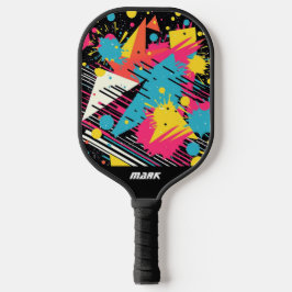 Farbenfrohes Retro-80er-Splatter-Muster mit Monogr Pickleball Schläger