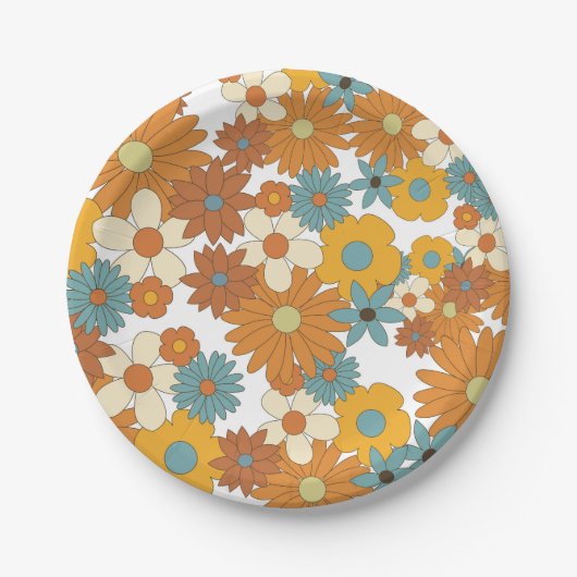 Farbenfrohes Retro-Blumenmuster Pappteller (Vorderseite)