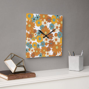 Farbenfrohes Retro-Blumenmuster Quadratische Wanduhr
