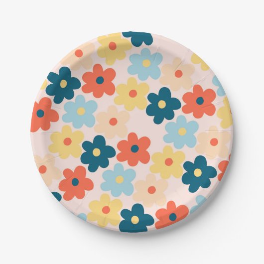 Farbenfrohes Retro-Hippie-Blumenmuster Pappteller (Vorderseite)