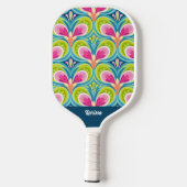 Farbenfrohes Retro-Muster Monogramm Name Pickleball Schläger (Rückseite)