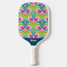 Farbenfrohes Retro-Muster Monogramm Name Pickleball Schläger