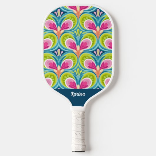 Farbenfrohes Retro-Muster Monogramm Name Pickleball Schläger (Vorderseite)