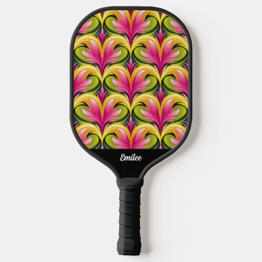 Farbenfrohes Retro-Muster Monogramm Name Pickleball Schläger (Rückseite)