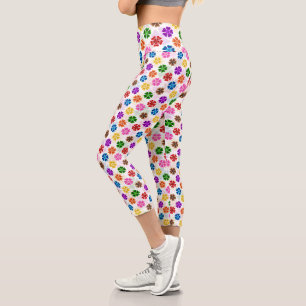 Farbenfrohes Retro-Regenbogen-Blumen-Design Weiß Capri Leggings