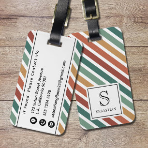 Farbenfrohes Retro-Streifenmuster Monogramm und Na Gepäckanhänger