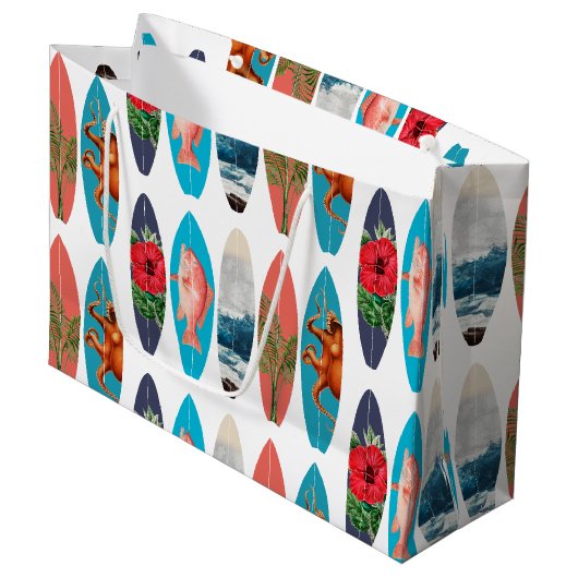 Farbenfrohes Retro-Surfbrettmuster Große Geschenktüte (Vorderseite Schrägansicht)