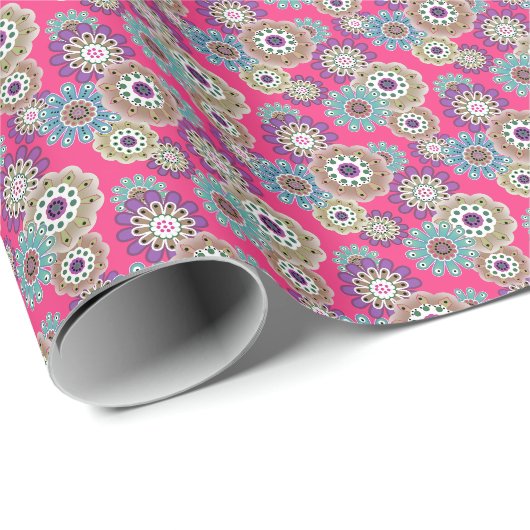Farbenfrohes rustikales Blumenmuster retro Geschenkpapier (Rolleneckpunkt)