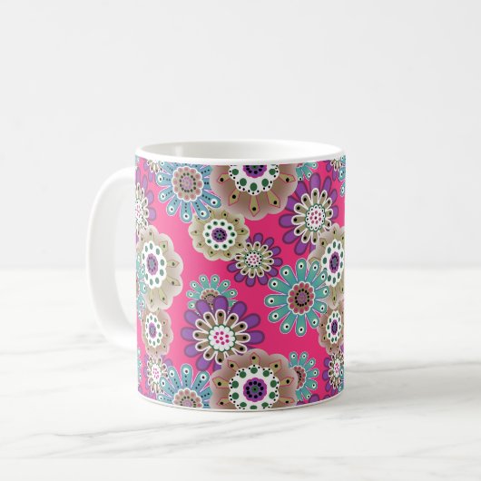 Farbenfrohes rustikales Blumenmuster retro Kaffeetasse (Vorderseite Links)