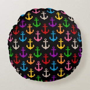 Farbenfrohes Schiff-Anker-Design Schwarz Rundes Kissen