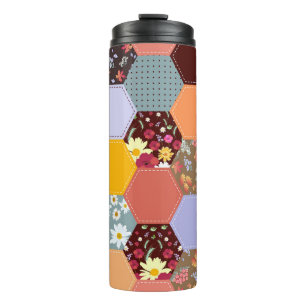 Farbenfrohes Sechseck-Blumen- Quiltmuster Thermosbecher