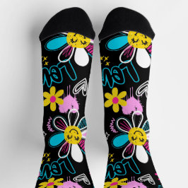 Farbenfrohes Smiley-Blumen-Graffiti-Muster  Socken