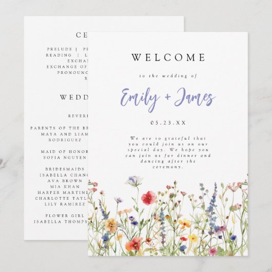 Farbenfrohes Sommer-Wildblumen-Hochzeitsprogramm Programm (Vorne/Hinten)