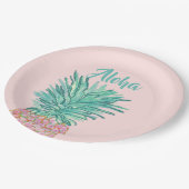 Farbenfrohes tropisches Ananas-Monogramm Pappteller (Schrägansicht)