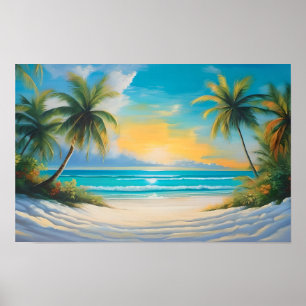 Farbenfrohes tropisches Paradies Meer und Palmen Poster