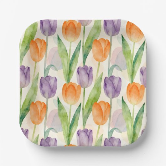 Farbenfrohes Tulpenmuster Pappteller (Vorderseite)