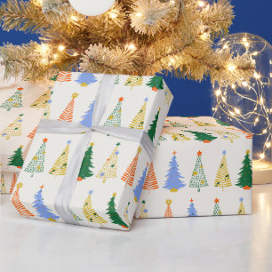 Farbenfrohes verspieltes Retro-Weihnachtsbäume-Mus Geschenkpapier