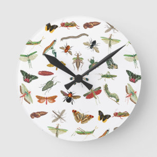 Farbenfrohes Vintage-Insekten-Illustrationsmuster Runde Wanduhr