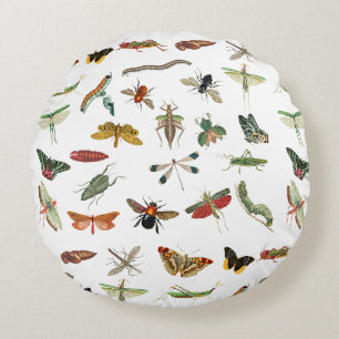 Farbenfrohes Vintage-Insekten-Illustrationsmuster Rundes Kissen