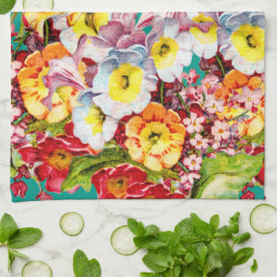 Farbenfrohes Vintage-Primel-Blumenmuster im Frühli Geschirrtuch