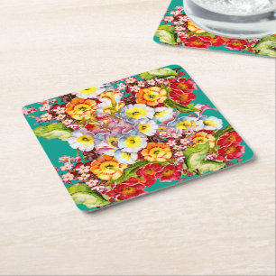 Farbenfrohes Vintage-Primel-Blumenmuster im Frühli Rechteckiger Pappuntersetzer