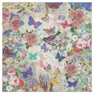 Farbenfrohes Vogel Schmetterlinge Vintage Blumenmu Stoff