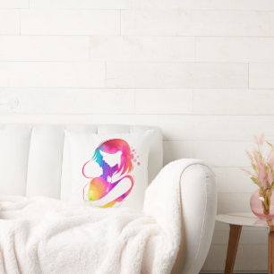 Farbenfrohes Wasserfarben-Mutter-und-Baby-Wurfkiss Kissen