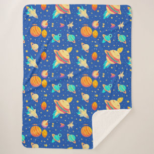 Farbenfrohes Weltraum-Muster mit Planeten Sherpadecke